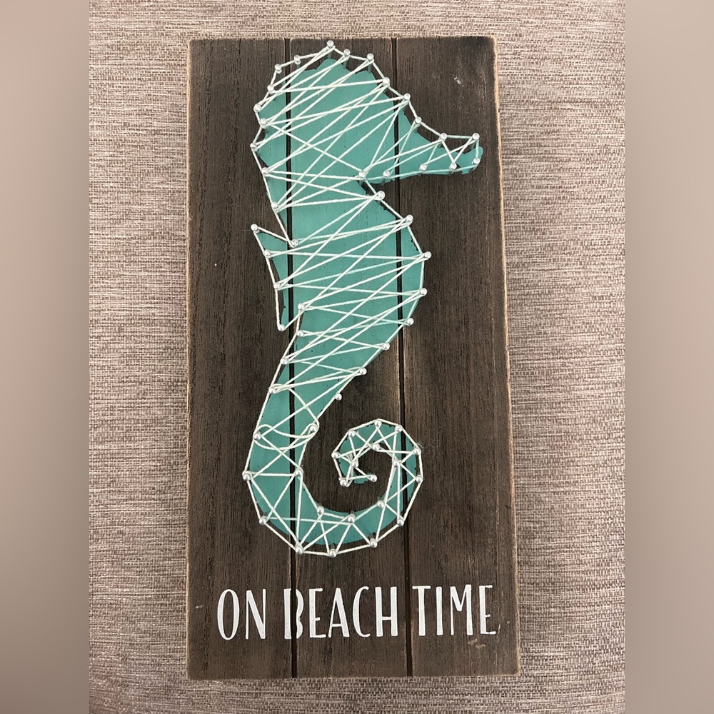 Coastal Seahorse String Wall Art Wood Sign - On Beach Time Decor Rustic Nautical